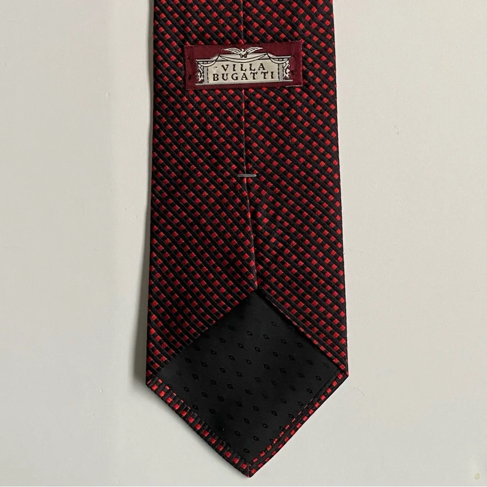 Villa Bugatti Tie 100% Italian Silk Vintage Necktie Red Black Checked Italy